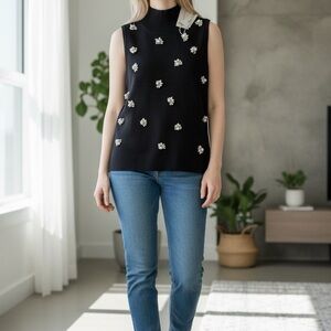 Jason Wu Black Embellished Knit Shell | Crystal Floral | NWT